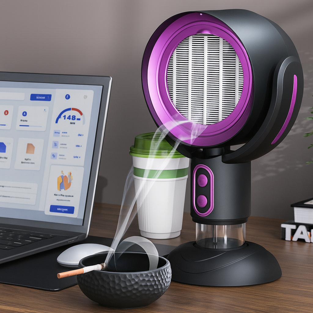 Smokless Purify Purple – purificateur anti-fumée posé sur bureau